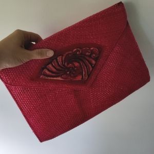 Large Pink Woven Rattan Clutch